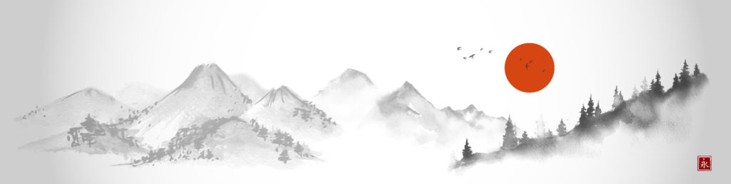 Landscape with red sun, forest trees and distant  mountains. Traditional oriental ink painting sumi-e, u-sin, go-hua.Translation of hieroglyph - eternity